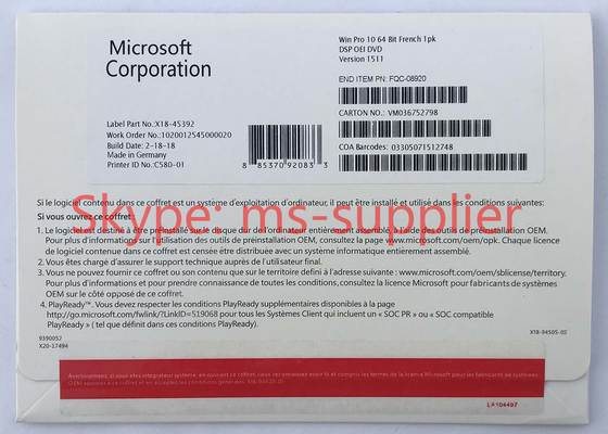 Microsoft Windows 10 Proffesional OEM New Key French 64 Bit DVD With Product OEM Key Card Activation Online